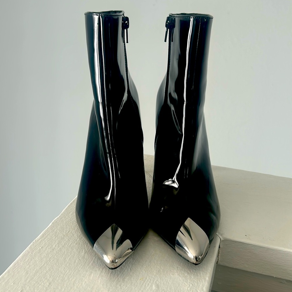 INC Patent Leather Heeled Boots with Silver Tips
